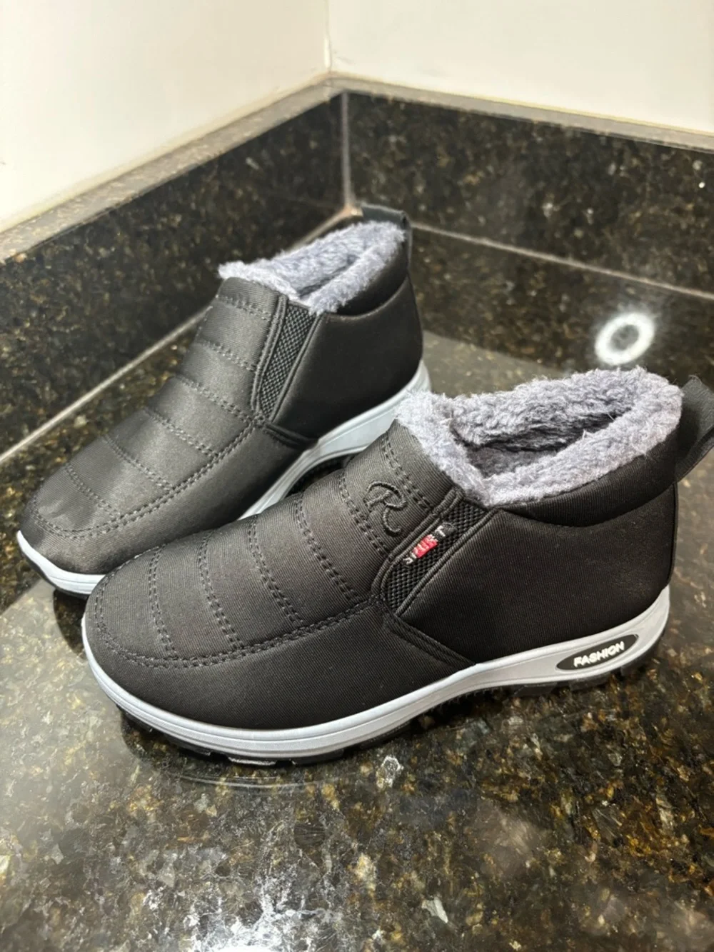 New Black Slip-On Waterproof Winter Sneakers with Gray Faux Fur Lining Size 37
